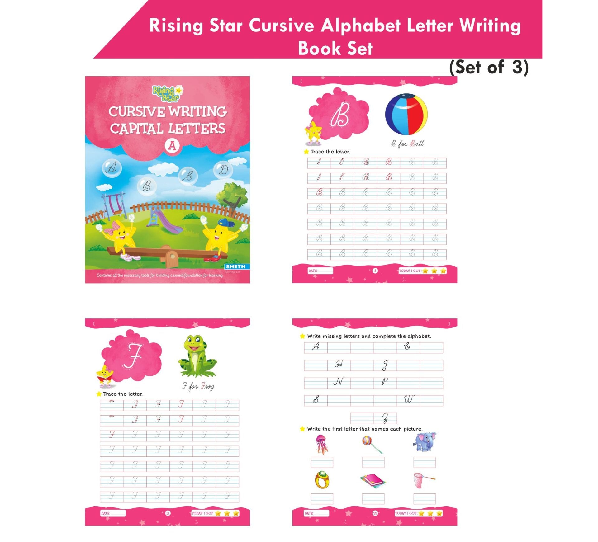 Rising Star Cursive Alphabet Capital & Small Letter Writing Practice Books Set For Kids| Set of 3| Ages 3-7 Years - Distacart