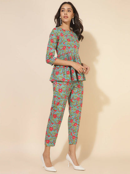 Janasya Women's Blue Cotton Printed Casual Peplum Co-ords - Distacart