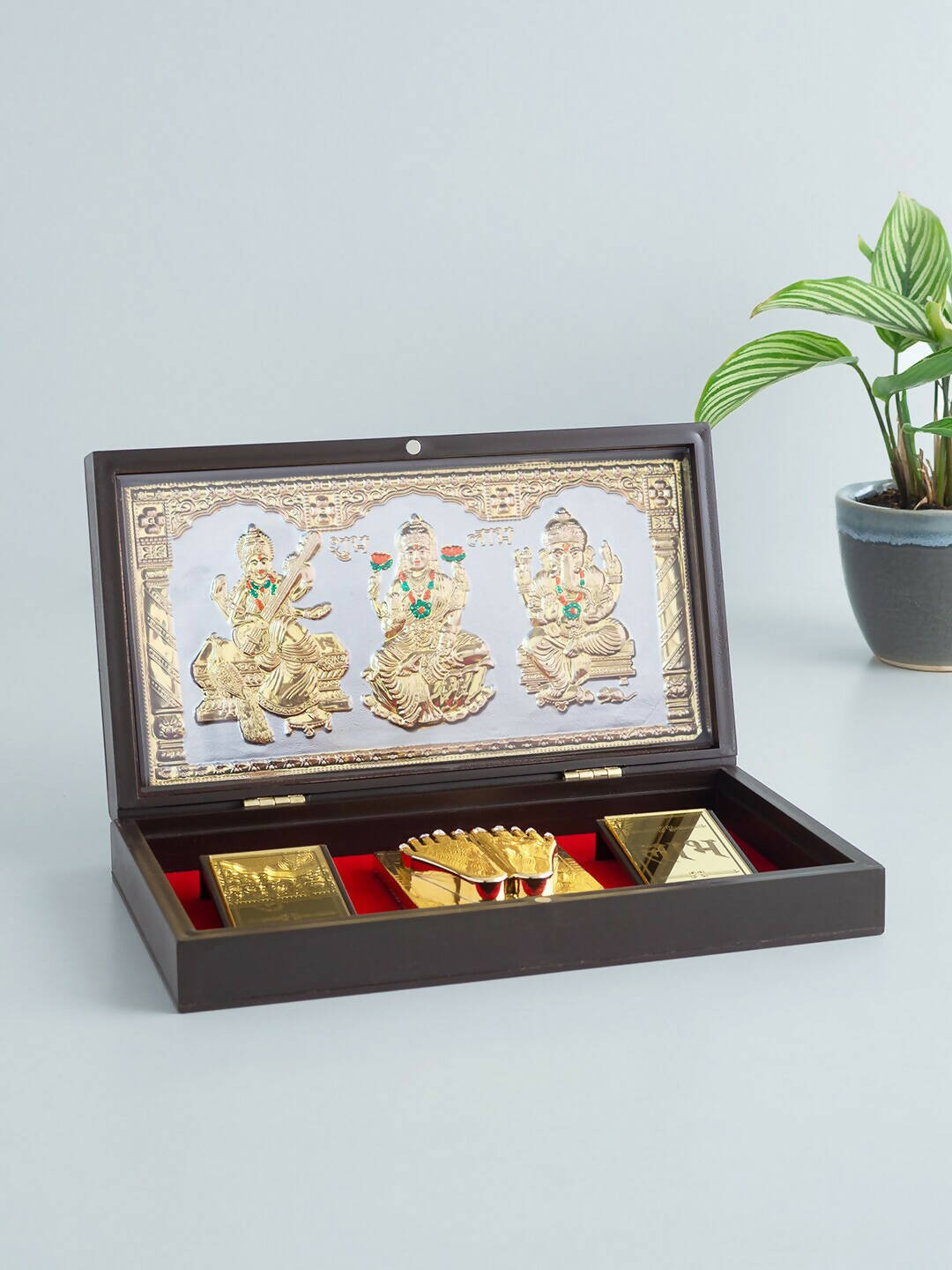 Golden Peacock 24 KT Gold Plated Laxmi, Ganesha, Saraswati Pooja Box - Distacart
