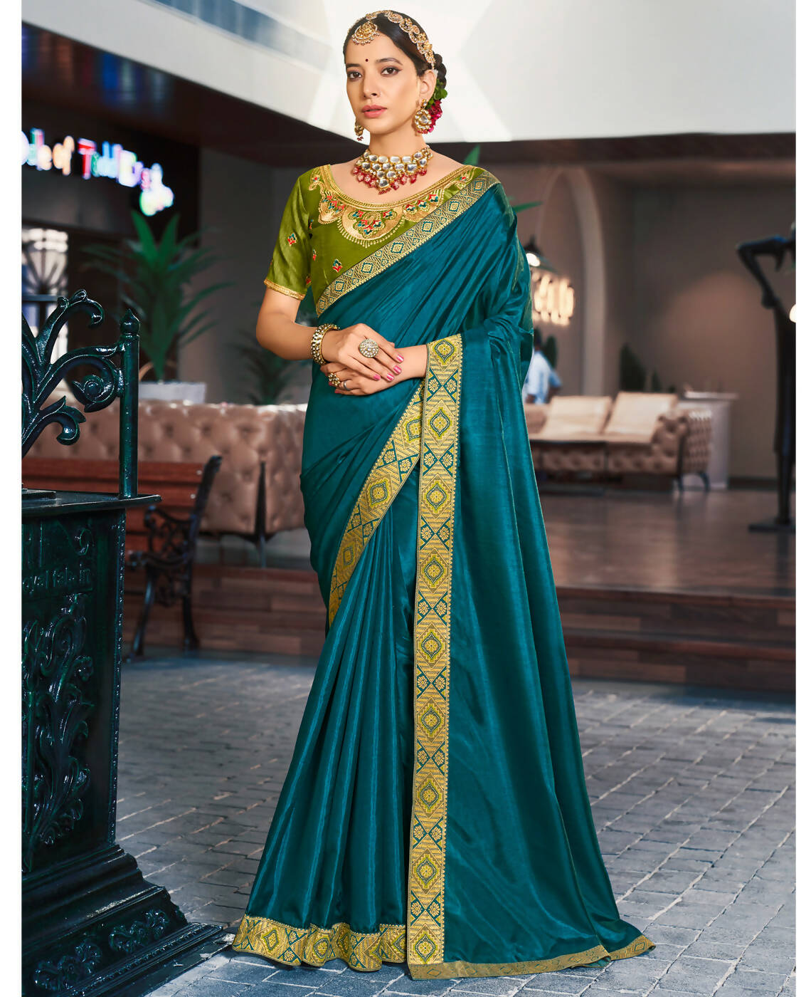 Teal Solid Vichitra Saree With Unstitched Blouse Piece - Selena - Distacart