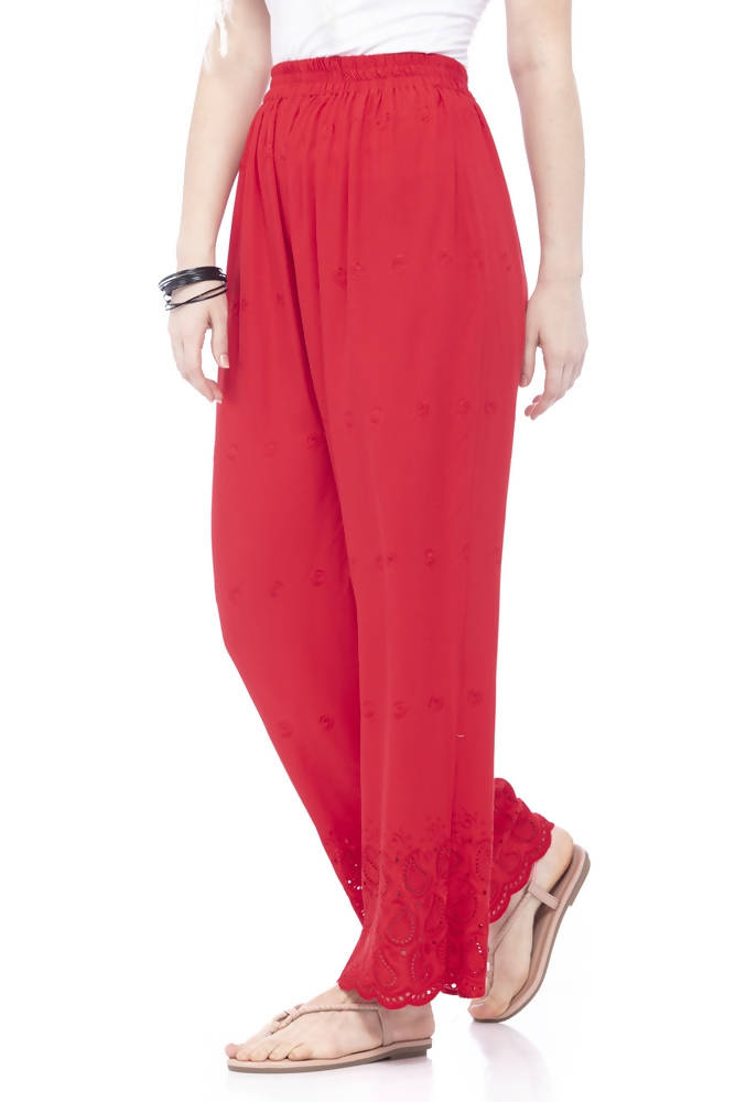 Mominos Fashion Reyon Cotton Red Embroidery Chikan Palazzo - Distacart