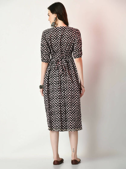 Myshka Women's Black Empire Printed Dress - Distacart