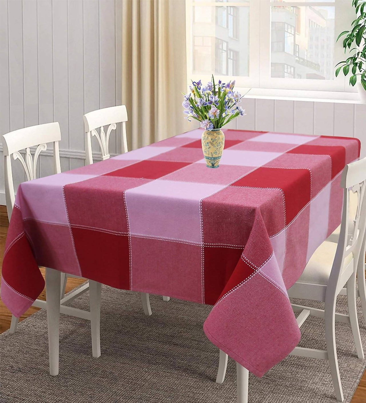 Airwill 100% Cotton Checkered Pattern 4 Seater Square Table Cover - Red & Pink - Distacart