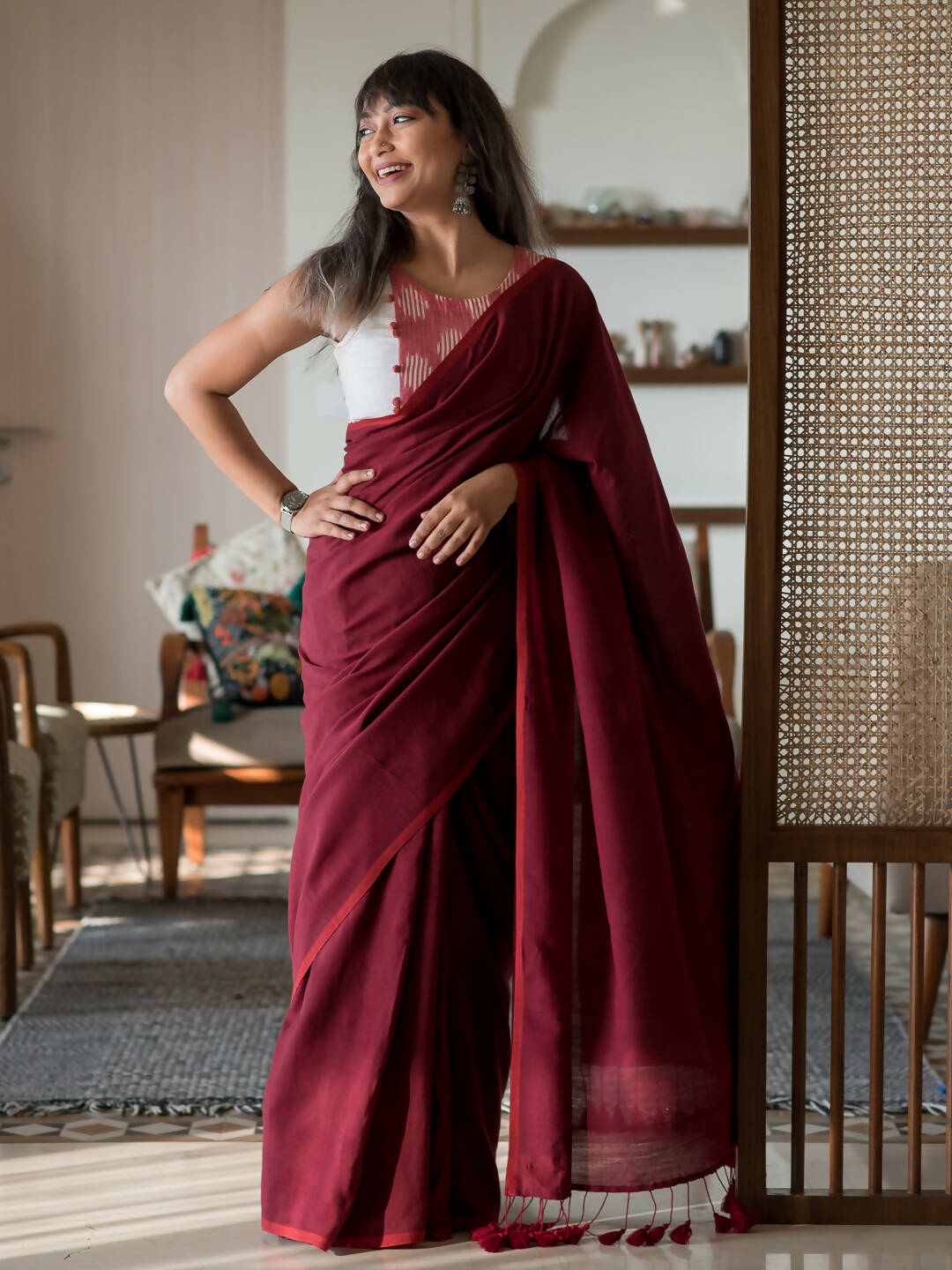Suta Maroon Solid Cotton Blend Saree - Distacart