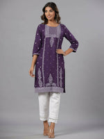 Thumbnail for Juniper Women Purple Rayon Printed Knee Length Straight Kurta - Distacart