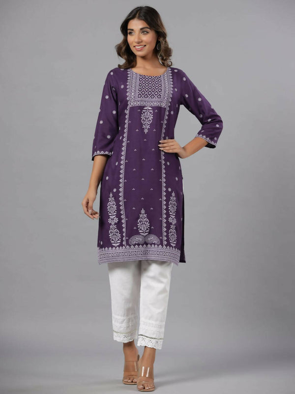 Juniper Women Purple Rayon Printed Knee Length Straight Kurta - Distacart
