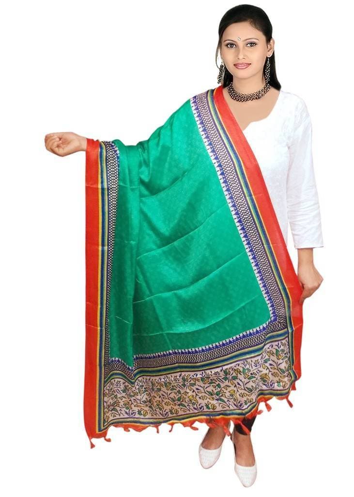 Vamika Green & Multi-Colour Printed Bhagalpuri Silk Dupatta