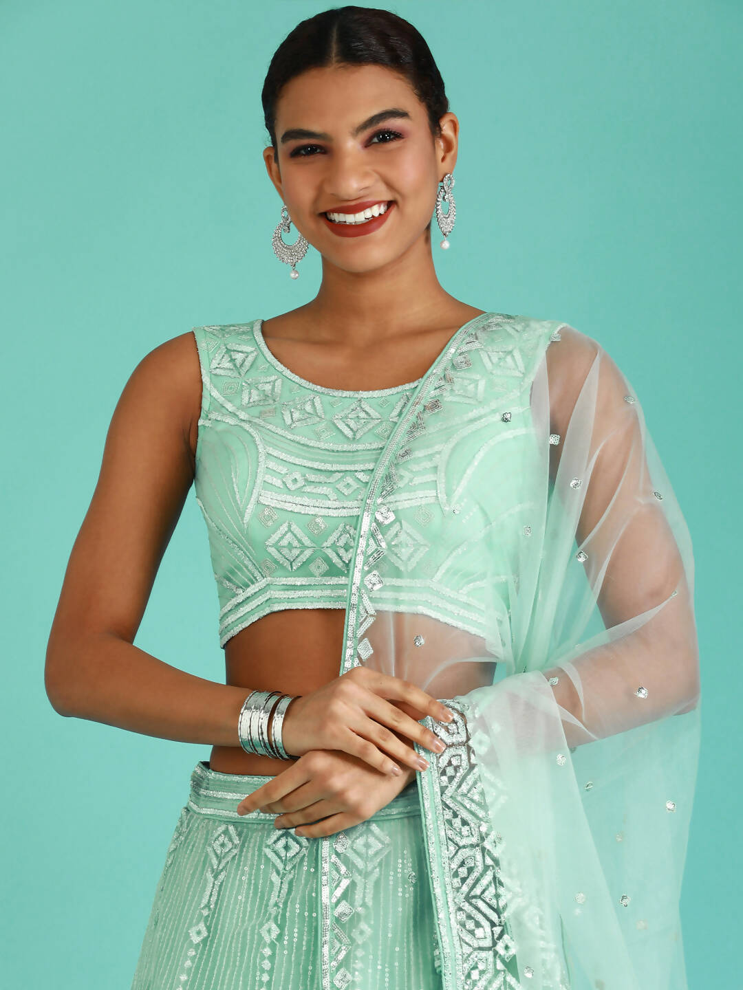 House of Panchhi Turquoise Blue Net Gotapatti Work Lehenga & Blouse, Dupatta - Distacart