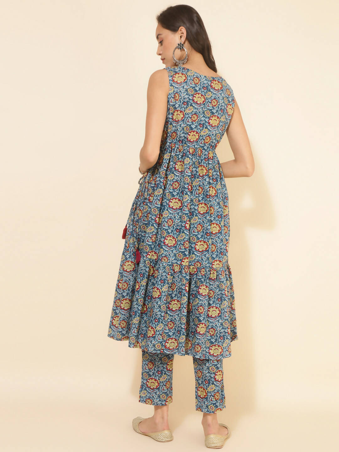 Janasya Women's Blue Cotton Floral Printed Casual Flared Kurta Set - Distacart