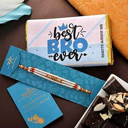 Multistrands Beads Rakhi & Roasted Almond Chocolate Bar Combo