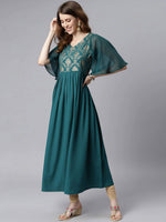 Thumbnail for Janasya Teal Yoke Design Flared Sleeves Crepe Anarkali Kurta - Distacart