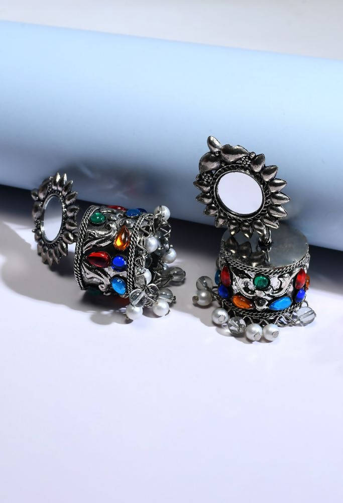 Tehzeeb Creations Oxidised Multi Colour Kundan Earrings