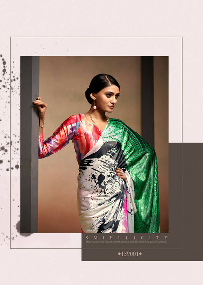 Green Satin Digital Printed Saree with Unstitched Blouse Piece - Jodha - Distacart
