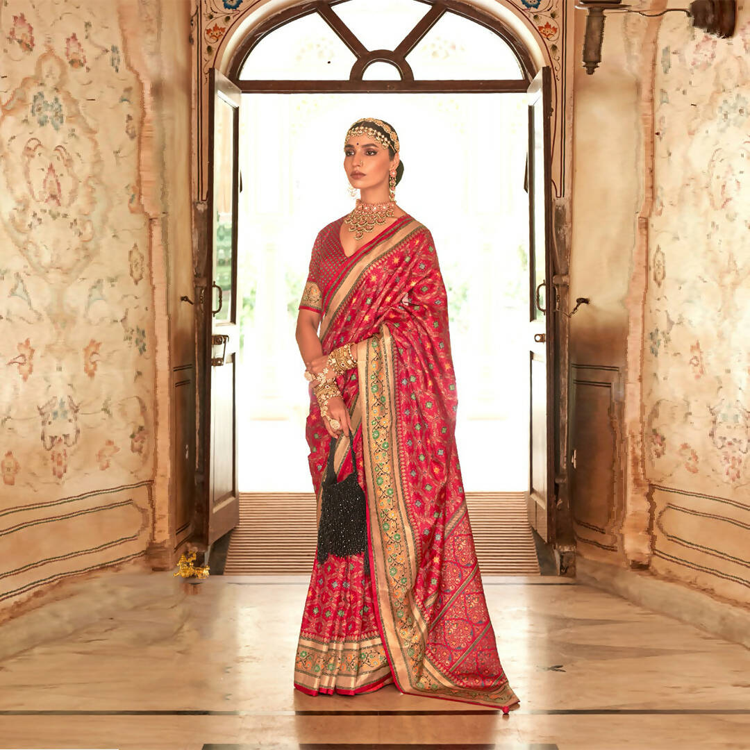Mojo Red Silk With Banarasi Print Work Saree - Trirath Yamuna - Distacart