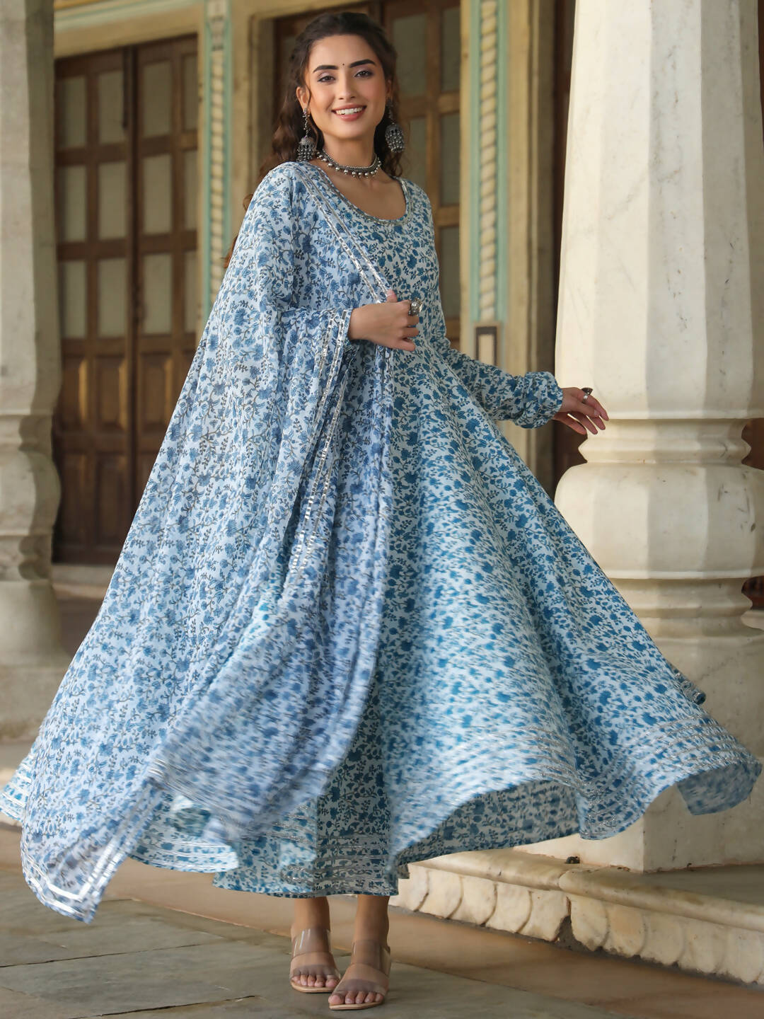 Juniper Women's Blue Cambric Floral Printed Circular Kurta Dupatta Sets - Distacart