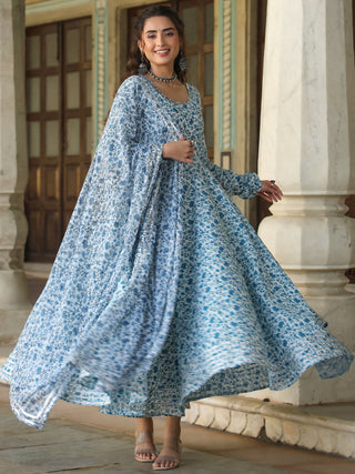 Juniper Women's Blue Cambric Floral Printed Circular Kurta Dupatta Sets - Distacart