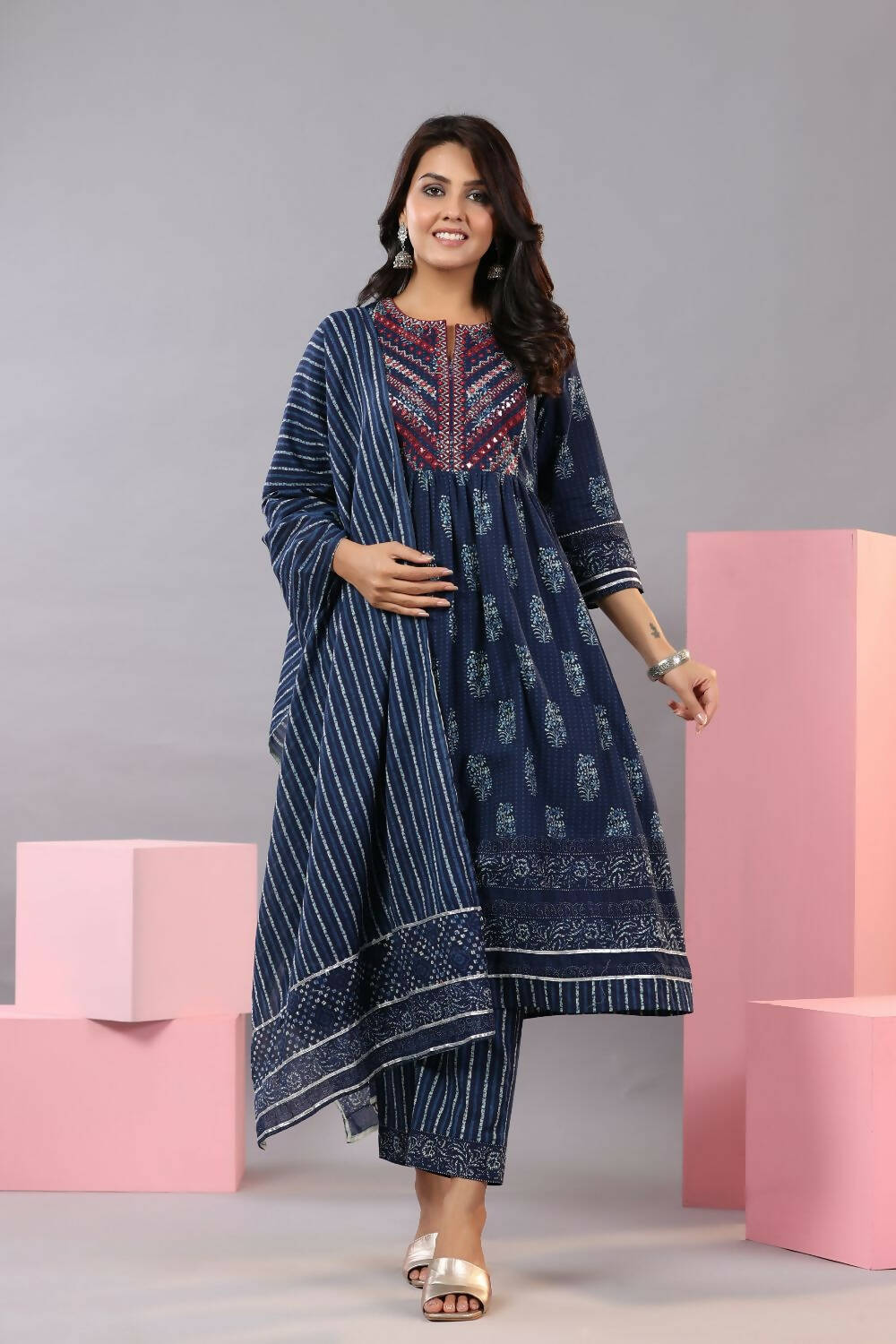 Juniper Women Indigo Cotton Cambric Batik texture Printed Kurta, Pants and Dupatta Set - Distacart
