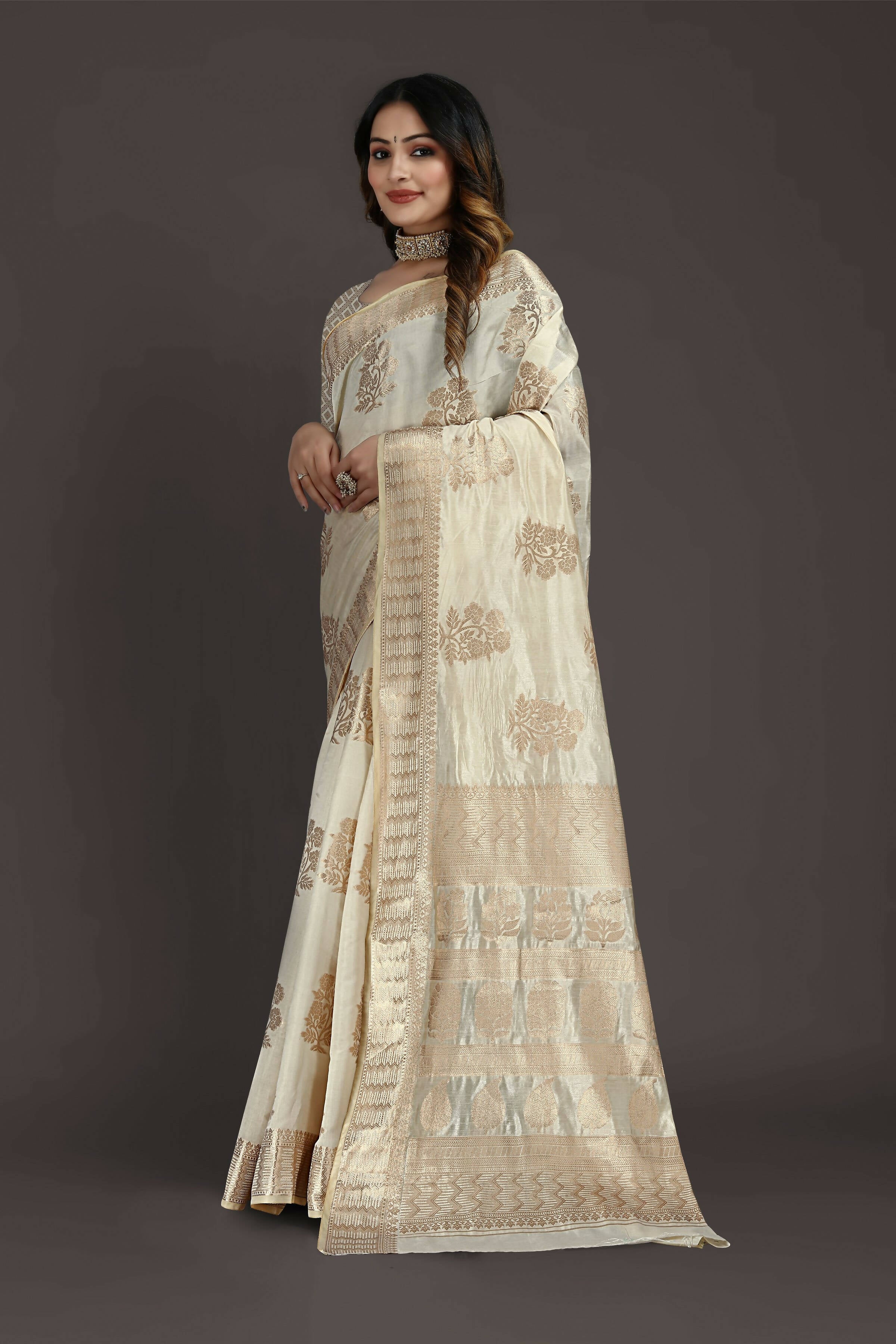 Off White Pure Raw Silk Zari Woven Saree with Unstitched Blouse Piece - Alisha - Distacart
