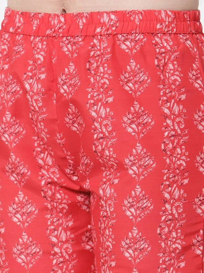 Myshka Red Color Cotton Printed Kurta With Pant Dupatta Set