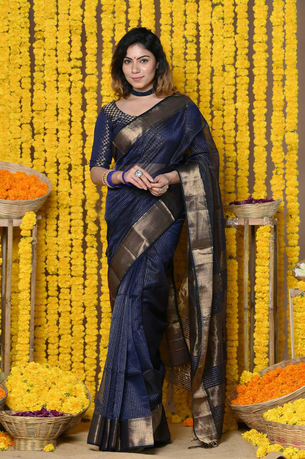 Very Much Indian Rajsi - Handloom Ari Checks Cotton Silk Saree With Golden Border - Indigo Blue - Distacart
