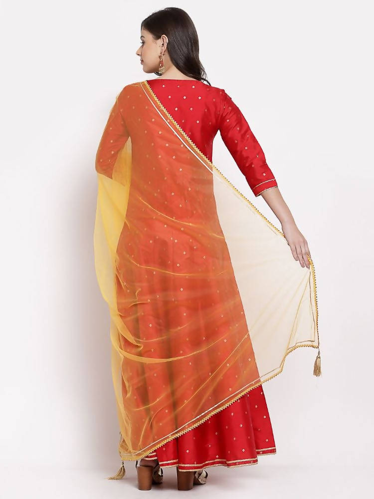 Myshka Women's Red Silk Solid 3/4 Sleeve Round Neck Casual Anarkali Kurta Dupatta Set