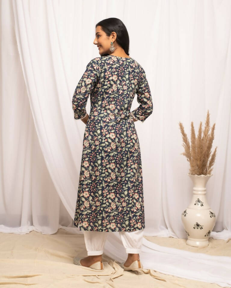 FIORRA Women's Floral Printed Blue Cotton Straight Kurta - Distacart