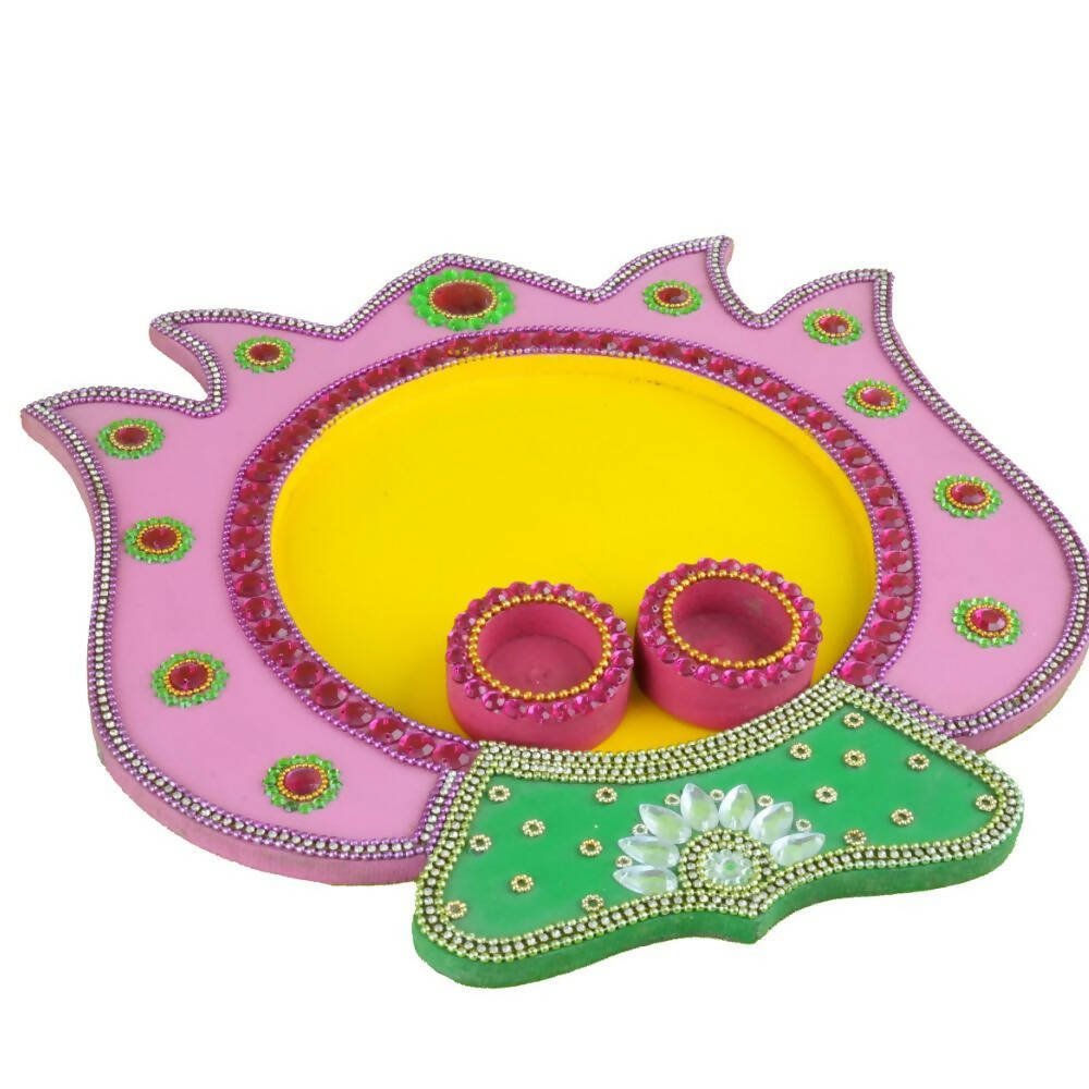 Kundan HandiKrafts Mdf Lotus Pooja Thalis - Baby Pink - Distacart