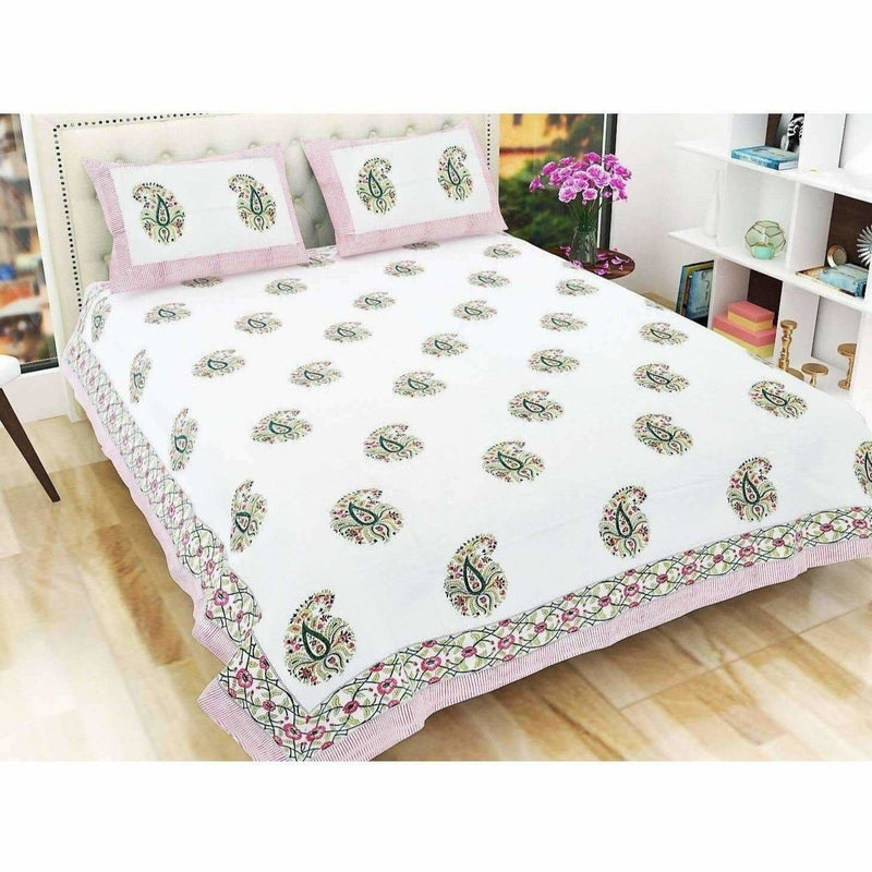 Paisley Hand Block Printed Double 90x108 Inches Bedspread with 2 Pillow Covers - Distacart
