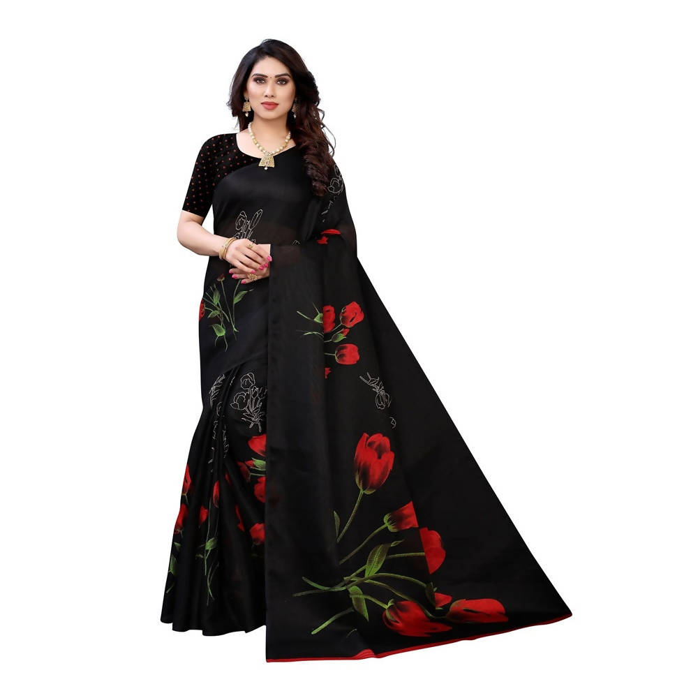 Vamika Printed Jute Silk Black Saree (Elisa Black)