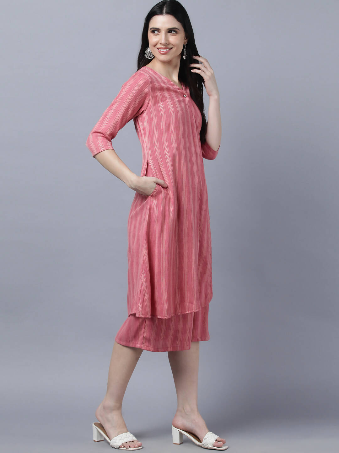 Myshka Stylish Pink Cotton 3/4 Sleeve Women's Kurta Palazzo Set - Distacart