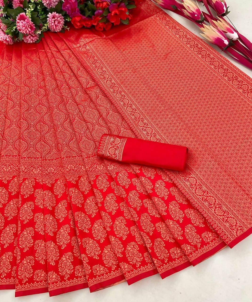 DEIANA'S Beautiful Golden Jari with New Design Soft Lichi Silk Saree - Red - Distacart