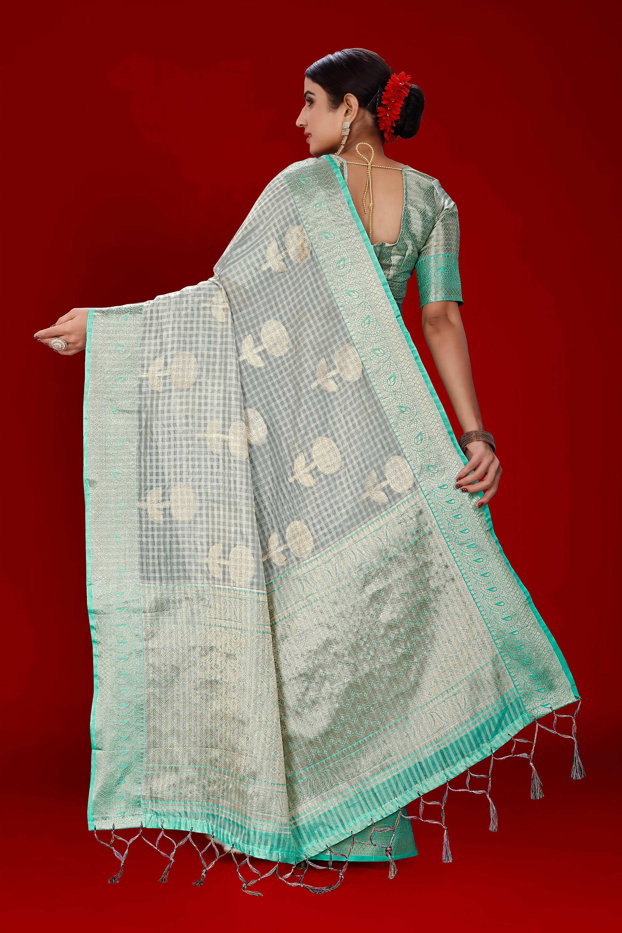Grey Soft Organza Woven Design Saree With Unstitched Blouse Piece - Zaara - Distacart