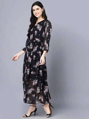 Myshka Black Floral Keyhole Neck Georgette Maxi Dress - Distacart
