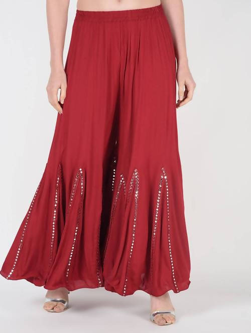 Mominos Fashion Maroon Viscose Rayon Flared Palazzo with Mirror Lace Work - Distacart