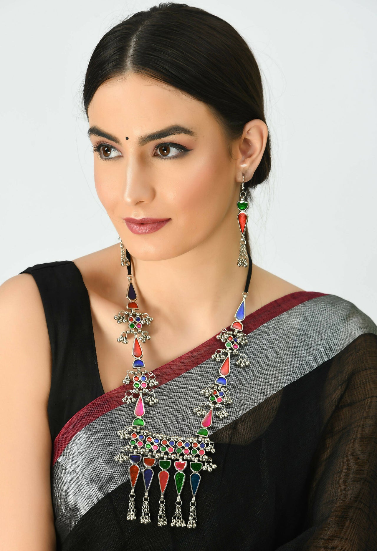 Mominos Fashion Johar Kamal Oxidised Silver-Plated Meenakari Multi Long Necklace Set For Women - Distacart
