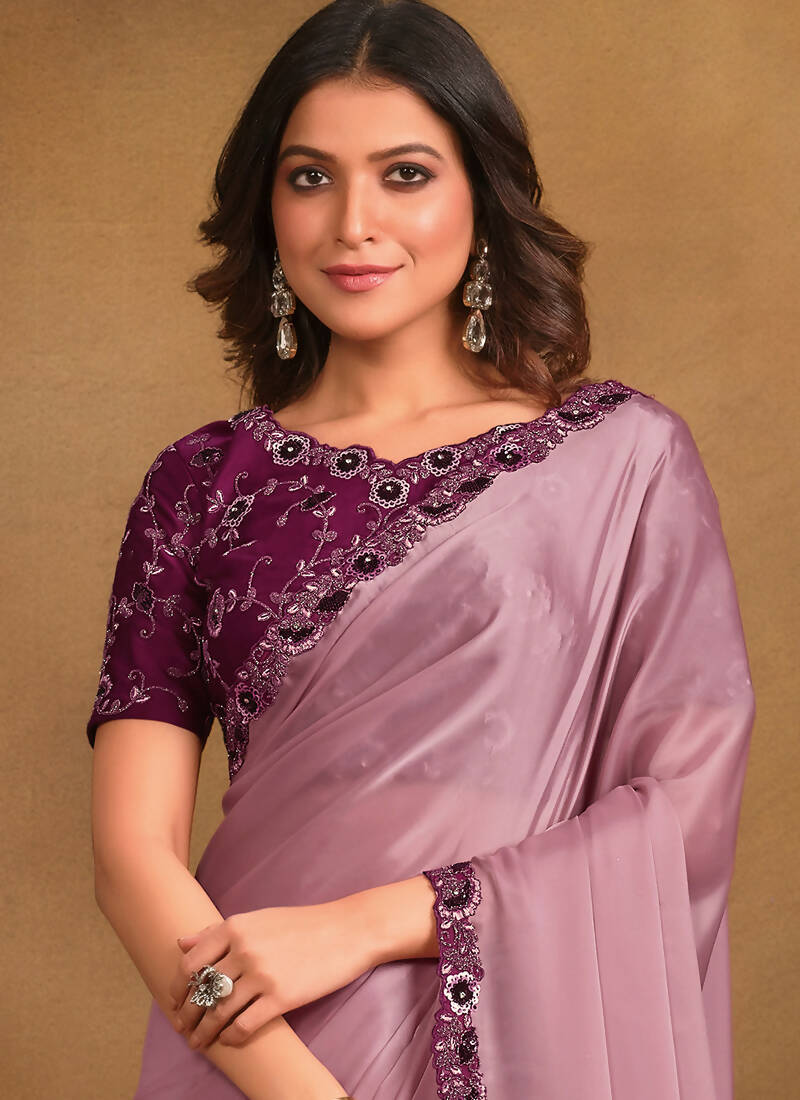 Purple Satin Silk Designer Saree with Unstitched Blouse - Norita Mahitha - Distacart