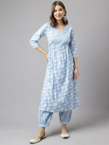 FIORRA Women's Blue Cotton A-Line Kurta Set - Distacart