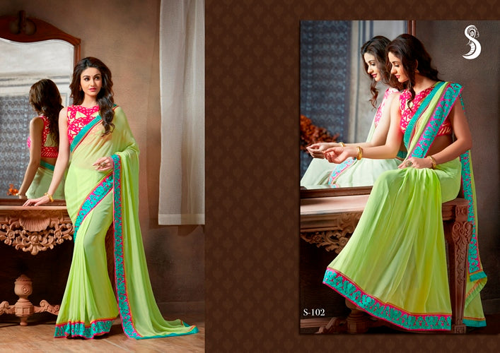 Vamika Light Green Designer Georgette Embroidery Saree - Distacart