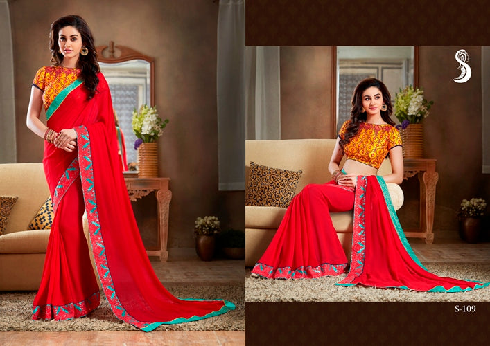 Vamika Red Designer Georgette Embroidery Saree - Distacart