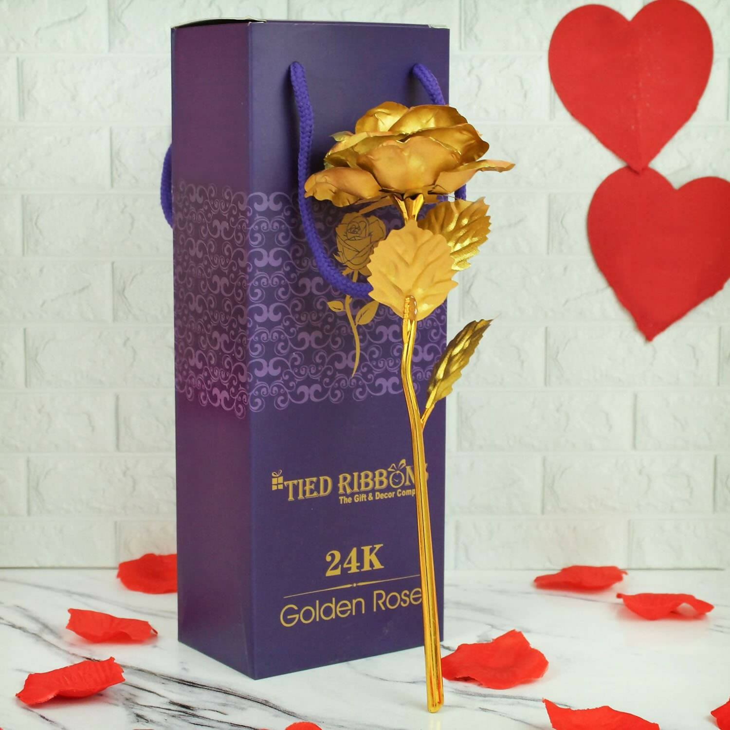 Tied Ribbons 24K Gold Plated Artificial Rose Flower With Box - Valentine's Day Gifts - Distacart