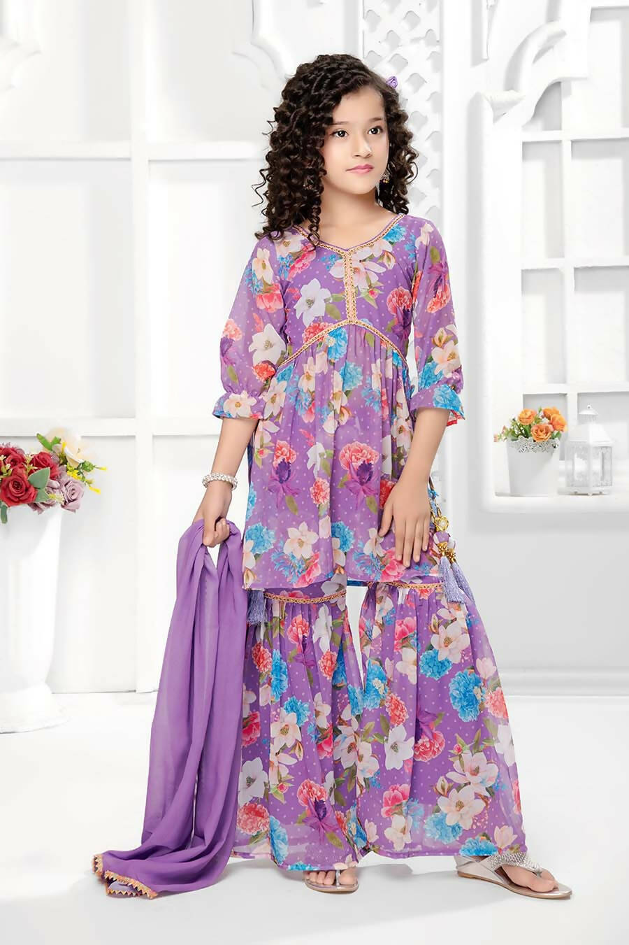 Kids Functional Designer Lavender Digital Flower Print On Georgette Shrara Suit - Aaradhna - Distacart