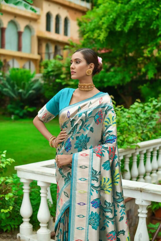 Vishnu Weaves Women's Rama Paithani Silk Zari Woven Saree with Unstitched Blouse - Distacart