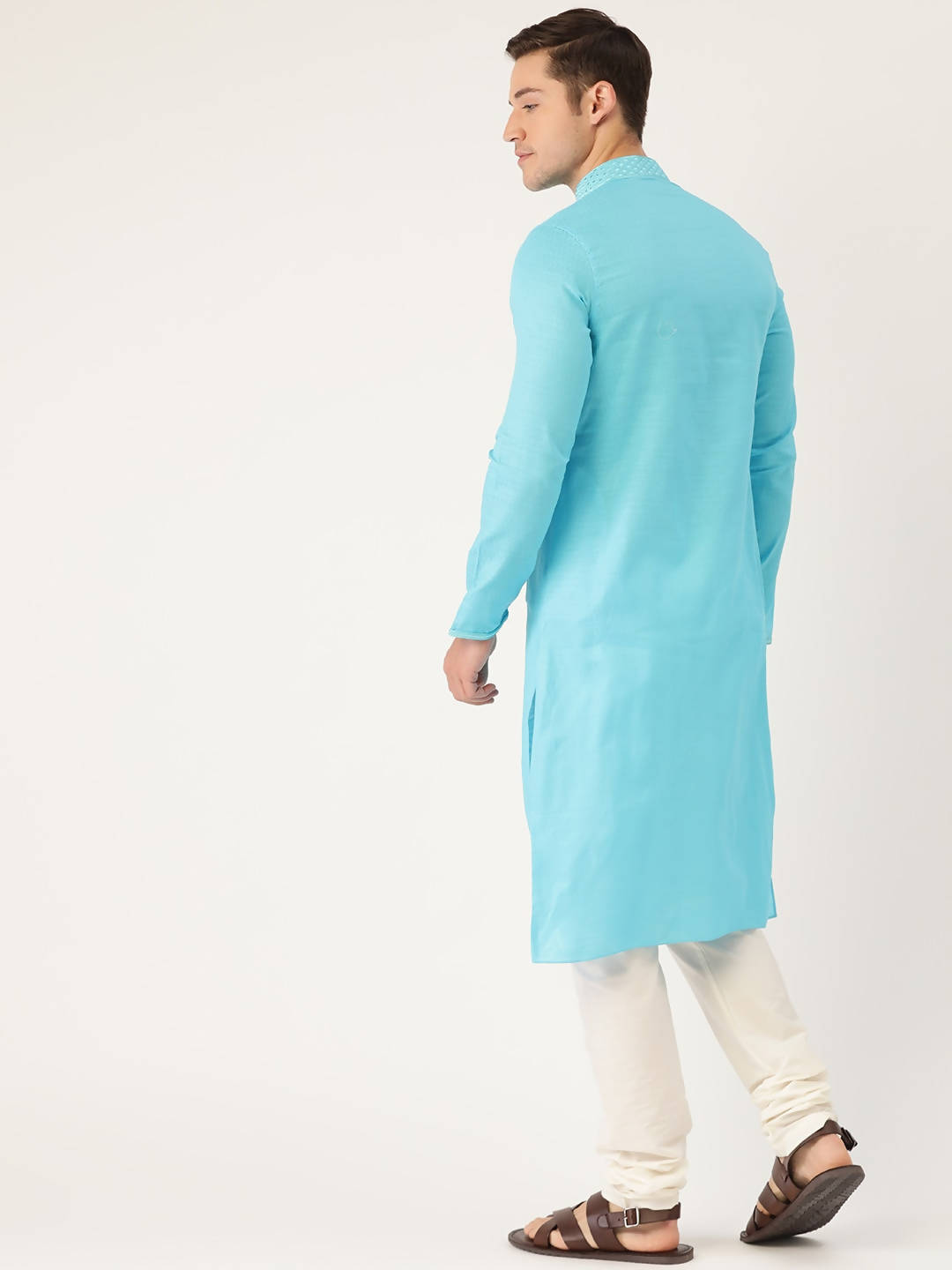Manyavar Men Blue & White Design Kurta with Churidar - Distacart