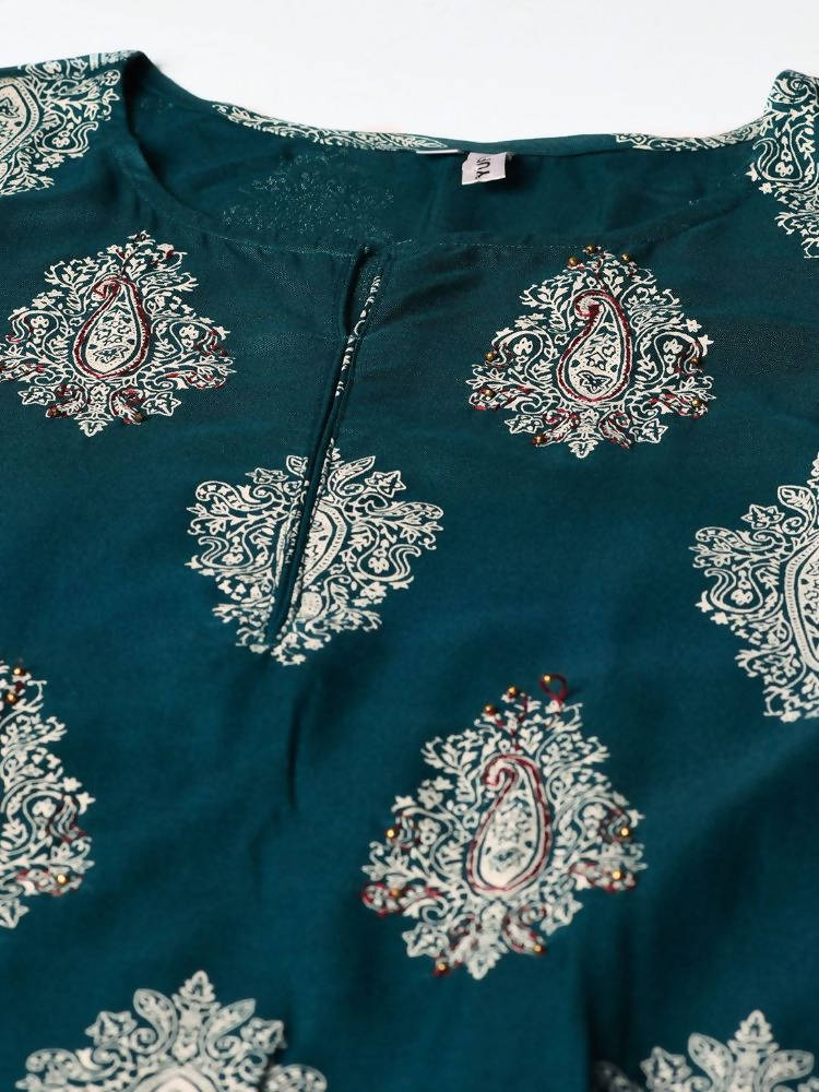 Yufta Teal Block Print Kurta with palazzo and Dupatta Set