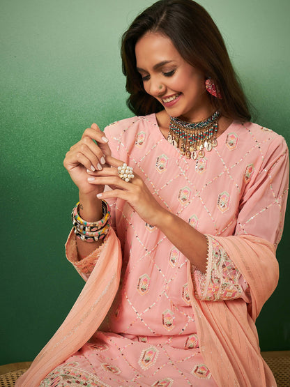 Peach Georgette Handwork Unstitched Dress Material - Hanika - Distacart