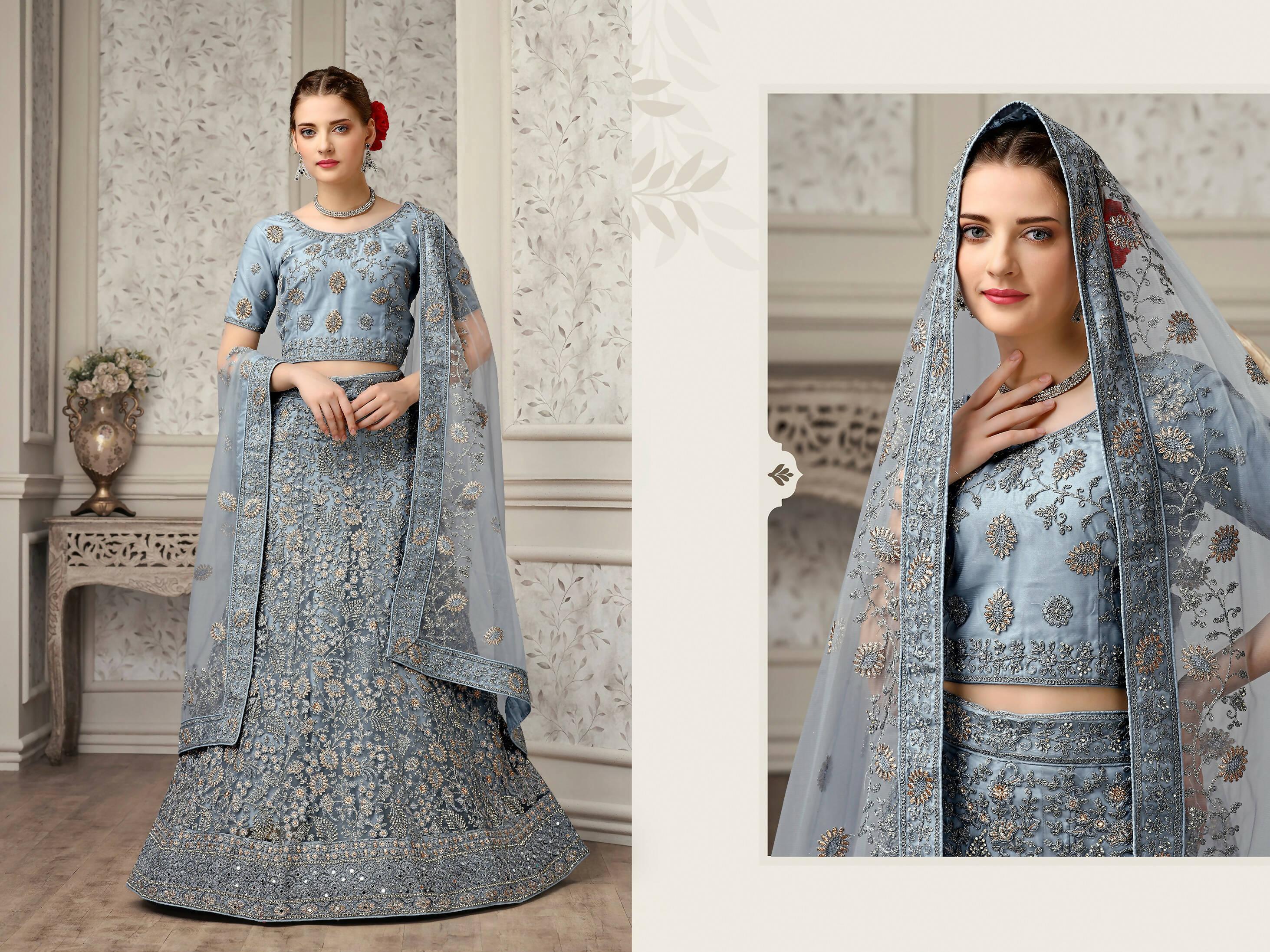 Grey Net Fancy Zari Embroidered work Lehenga Choli with Dupatta - Heer - Distacart
