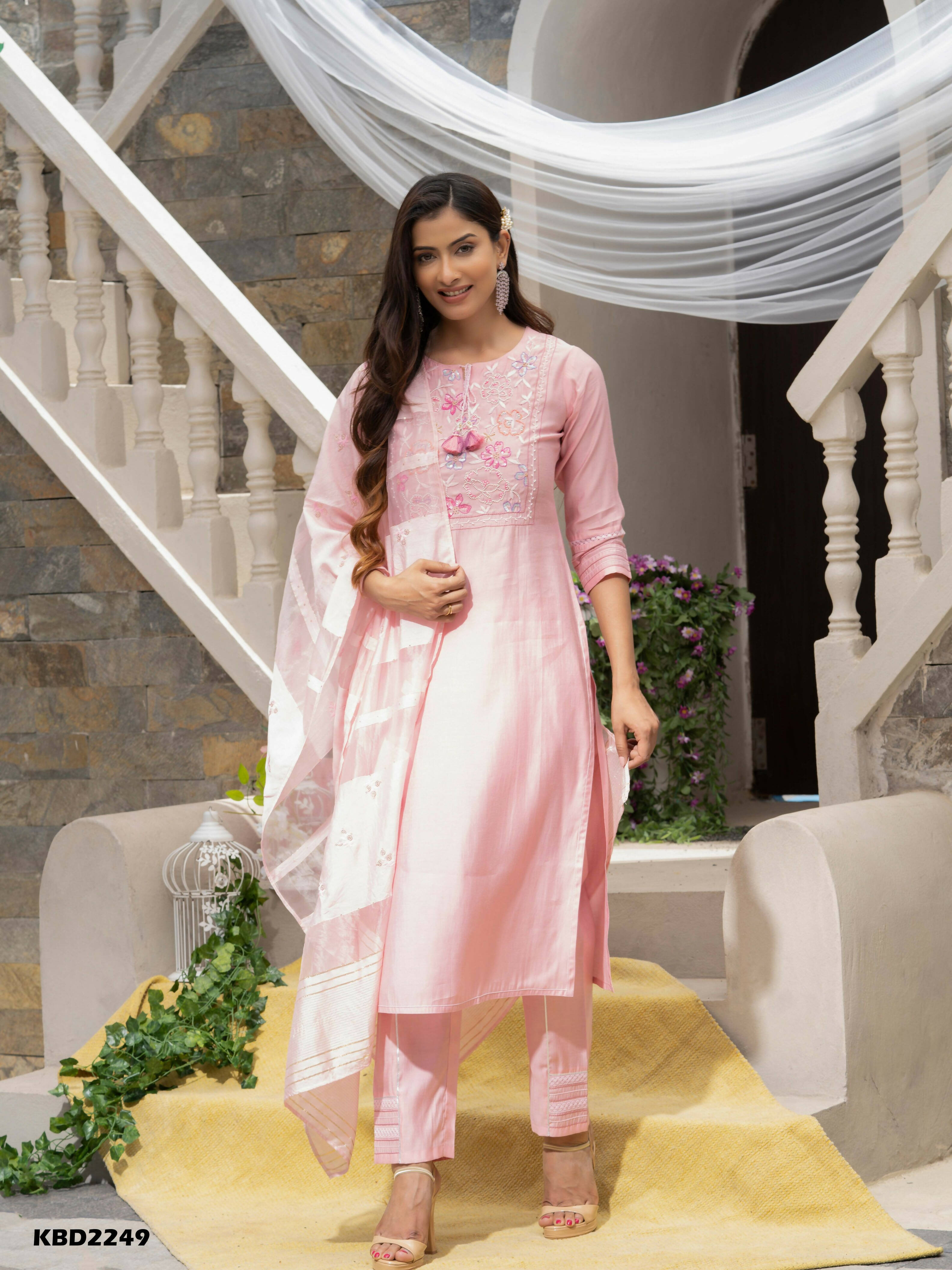 Pink Roman Silk Plain Kurta with Pant & Dupatta - Disha - Distacart
