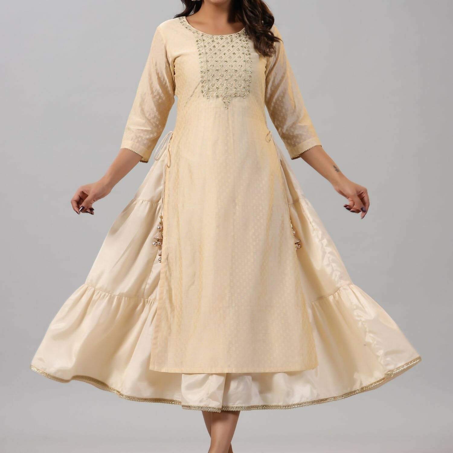 Juniper Women Gold Chanderi Printed Layered Maxi Dress with Embroidered Yoke - Distacart