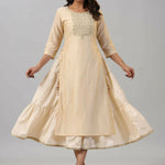 Thumbnail for Juniper Women Gold Chanderi Printed Layered Maxi Dress with Embroidered Yoke - Distacart