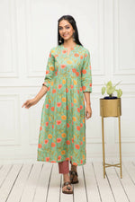 Thumbnail for Myshka Women Green Floral Rayon A-Line Round Neck Kurtas - Distacart